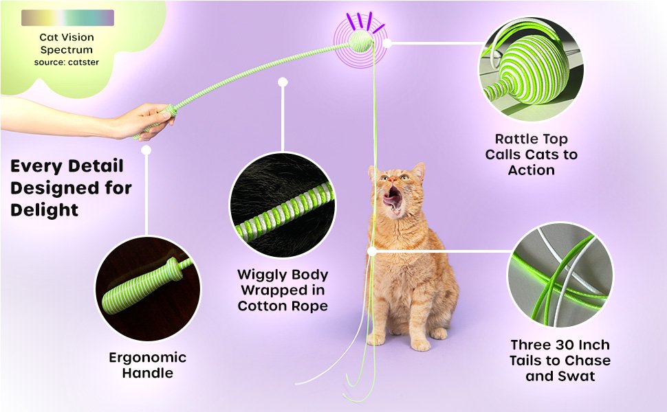 Detailed view of The Wiggle Wand's features including its extra-long tails and rattle top