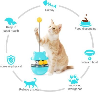 Cat Interactive Food Dispenser Toy, Tumbler Cat Toy Ball Snack Dispenser Dual Rolling Balls & Detachable Wand Slow Feed for Cat Kitty Puppy, Dogs Cats Playing & Training, Green