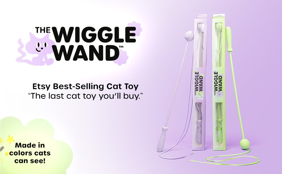 The Wiggle Wand showcased on a purple background with the brand's logo and slogan
