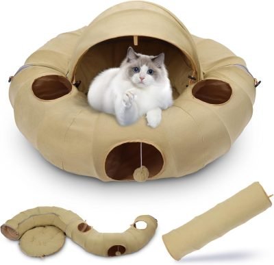 6194twWs2dL._AC_SL1500 Cat Tunnel Bed, Indoor Cat Tunnels with Hanging Balls, Peepholes, and Washable Mat, Green