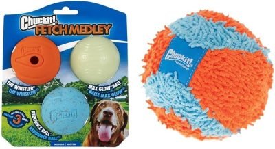 Fetch Medley Dog Ball Dog Toys, Medium (2.5 Inch) Pack of 3, for Medium Breeds, Includes Whistler, Max Glow and Rebounce Balls