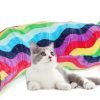 Large Cat Tunnel Bed with Plush Cover,Fluffy Toy Balls, Small Cushion and Flexible Design- 10 inch Diameter, 3 ft Length- Great for Cats, and Small Dogs, Rainbow Wave Color
