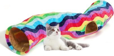 Large Cat Tunnel Bed with Plush Cover,Fluffy Toy Balls, Small Cushion and Flexible Design- 10 inch Diameter, 3 ft Length- Great for Cats, and Small Dogs, Rainbow Wave Color