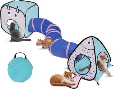 Cat Toy Tunnel and Cubes Bundle - Interactive Crinkle Collapsible Cat Tube and Foldable Cubes Playground for Kitty, Rabbit, Puppy, Ferret Hiding Hunting and Resting