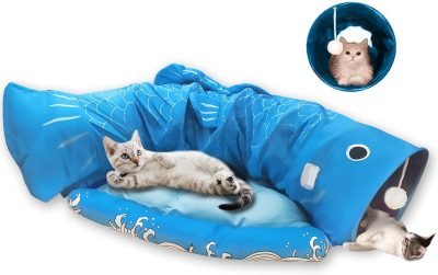 Cat Tunnel Bed for Indoor Cats 2-in-1 Cat Play Tunnel Bed Collapsible Cat Carpet Tunnel Washable Cat Tubes and Tunnels with Hanging Balls for Kitty Bunny Rabbit Puppy Ferret (Blue)
