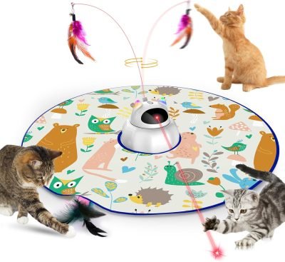 4 in 1 Cat Laser Toy Automatic, Interactive Cat Toys for Indoor Cats, Hide and Seek Kitten Wand Toy, USB Rechargeable Electronic Toys with Moving Feather, Cover for Bored Cats All Breeds