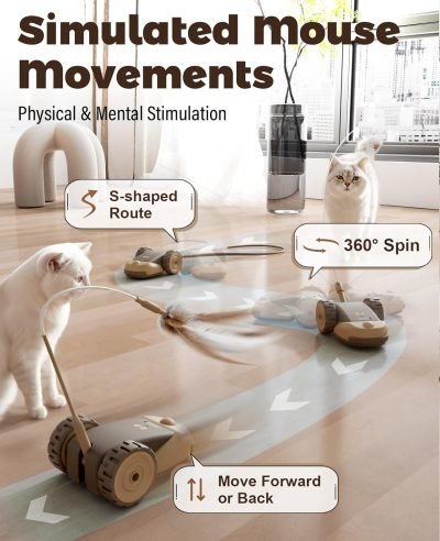 3-in-1 Interactive Cat Toy - 2-Speed Automatic Moving Mouse Cat Toys Self Play with 2pcs Hanging Feather String Ribbon and Wiggly Silicone Mice Tail for Bored Indoor Adult Cats Kittens
