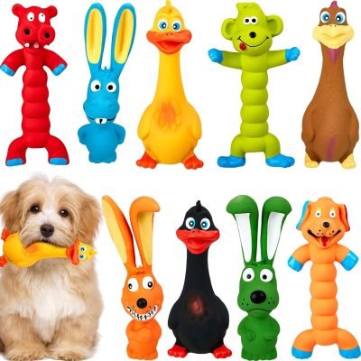 712I8gdT3ML._AC_SL1500 9 Pack Latex Squeaky Dog Toys 7 Inch Soft Rubber Dog Chew Toy Animal Standing Stick Puppy Fetch Interactive Play Toy Assorted Animal Pet Toys for Small Medium Large Dogs(Classic)