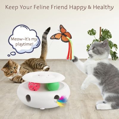 3-in-1 Cat Toy: Interactive Fun with Fluttering Butterfly, Ambush Feather, and Track Balls. USB Powered for Indoor Exercise (Bright White)