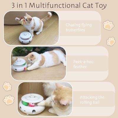 3-in-1 Cat Toy: Interactive Fun with Fluttering Butterfly, Ambush Feather, and Track Balls. USB Powered for Indoor Exercise (Bright White)