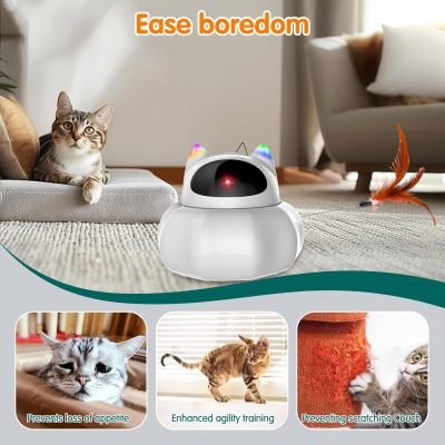 Cat Laser Toy Automatic, 4-in-1 Interactive Cat Toys for Indoor Cats, Hide and Seek Kitten Wand Toy, USB Rechargeable Electronic Kitten Toys with Moving Feather, Cover for Bored Cats All Breeds