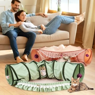 Cat Tunnel Toy Bed 2-in-1, Collapsible Cat Tunnels Tubes Toys with Washable Removable Mat Beds for Indoor Pet Cats Kittens Matcha