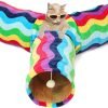 Large Cat Tunnel Bed with Plush Cover,Fluffy Toy Balls, Small Cushion and Flexible Design- 10 inch Diameter, 3 ft Length- Great for Cats, and Small Dogs, Rainbow Wave Color