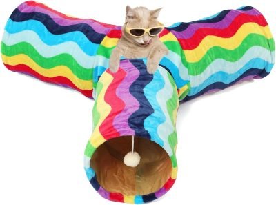 Large Cat Tunnel Bed with Plush Cover,Fluffy Toy Balls, Small Cushion and Flexible Design- 10 inch Diameter, 3 ft Length- Great for Cats, and Small Dogs, Rainbow Wave Color