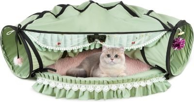 Cat Tunnel Toy Bed 2-in-1, Collapsible Cat Tunnels Tubes Toys with Washable Removable Mat Beds for Indoor Pet Cats Kittens Matcha