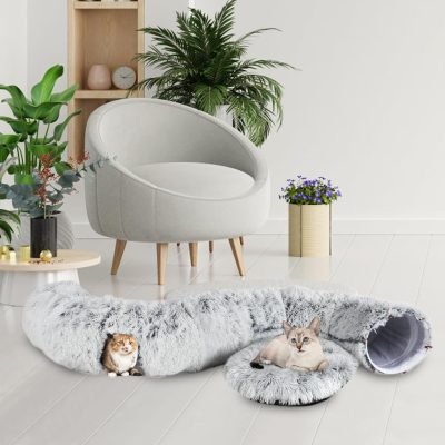 Plush Cat Tunnel Bed for Indoor Cats, Collapsible Cat Donut Tunnel with Central Mat, Fluffy Cat Cave Tube with Hanging Ball for Cat Kitten Rabbit Puppy Ferret