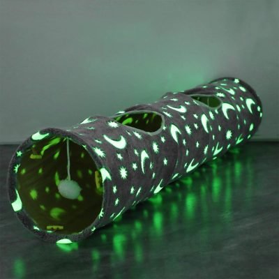 Cat Tunnel Bed Tube with Cushion and Plush Ball Toy Playground Crinkle Collapsible Self-Luminous Flannel Fabric 3FT for Large Cats Kittens Kitty Small Animals Puppy Grey Moon Star