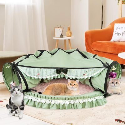 Cat Tunnel Toy Bed 2-in-1, Collapsible Cat Tunnels Tubes Toys with Washable Removable Mat Beds for Indoor Pet Cats Kittens Matcha
