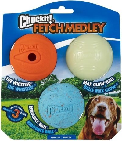 Fetch Medley Dog Ball Dog Toys, Medium (2.5 Inch) Pack of 3, for Medium Breeds, Includes Whistler, Max Glow and Rebounce Balls