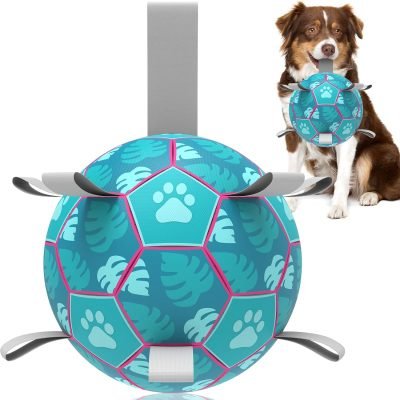 Dog Toys Soccer Ball with Straps, Interactive Toys for Tug of War, Puppy Birthday Toy, Dog Water Toy, Dog Balls for Small & Medium Dog (6 Inch)