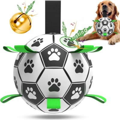 Dog Toys Soccer Ball with Straps, Interactive Toys for Tug of War, Puppy Birthday Toy, Dog Water Toy, Dog Balls for Small & Medium Dog (6 Inch)