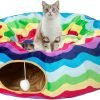 Large Cat Tunnel Bed with Plush Cover,Fluffy Toy Balls, Small Cushion and Flexible Design- 10 inch Diameter, 3 ft Length- Great for Cats, and Small Dogs, Rainbow Wave Color