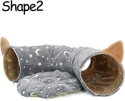 Cat Tunnel Bed Tube with Cushion and Plush Ball Toy Playground Crinkle Collapsible Self-Luminous Flannel Fabric 3FT for Large Cats Kittens Kitty Small Animals Puppy Grey Moon Star