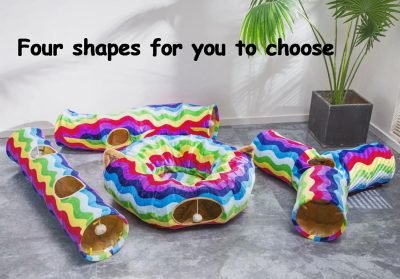 Large Cat Tunnel Bed with Plush Cover,Fluffy Toy Balls, Small Cushion and Flexible Design- 10 inch Diameter, 3 ft Length- Great for Cats, and Small Dogs, Rainbow Wave Color
