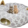 Large Cat Tunnel Bed with Plush Cover,Fluffy Toy Balls, Small Cushion and Flexible Design- 10 inch Diameter, 3 ft Length- Great for Cats, and Small Dogs, Rainbow Wave Color