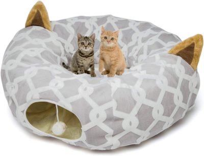 Large Cat Tunnel Bed with Plush Cover,Fluffy Toy Balls, Small Cushion and Flexible Design- 10 inch Diameter, 3 ft Length- Great for Cats, and Small Dogs, Rainbow Wave Color