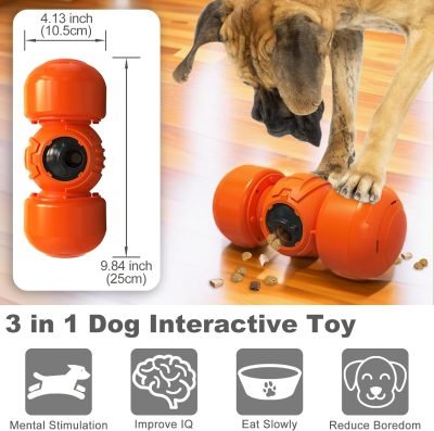 Dog Food Puzzle Toys, Treat Dispenser with Squeaky Giggle Sound, Interactive Chase Slow Feeder for Boredom and Stimulating, IQ Training for Small Medium Large Dogs, Orange