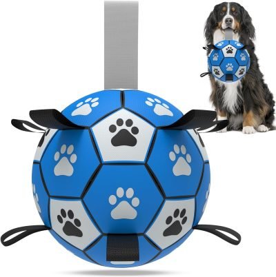 Dog Toys Soccer Ball with Straps, Interactive Toys for Tug of War, Puppy Birthday Toy, Dog Water Toy, Dog Balls for Small & Medium Dog (6 Inch)