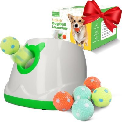 Automatic Dog Ball Launcher Dog Fetch Machine for Small to Medium Sized Dogs,3 Launch Distances, Ball Launcher for Dogs with 6 Latex Balls, Dual Power Supply, Ball Thrower for Dogs