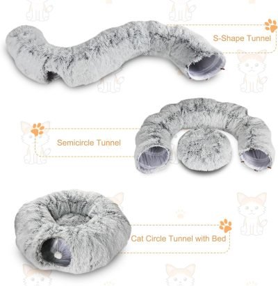Plush Cat Tunnel Bed for Indoor Cats, Collapsible Cat Donut Tunnel with Central Mat, Fluffy Cat Cave Tube with Hanging Ball for Cat Kitten Rabbit Puppy Ferret