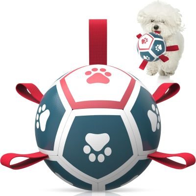 Dog Toys Soccer Ball with Straps, Interactive Toys for Tug of War, Puppy Birthday Toy, Dog Water Toy, Dog Balls for Small & Medium Dog (6 Inch)