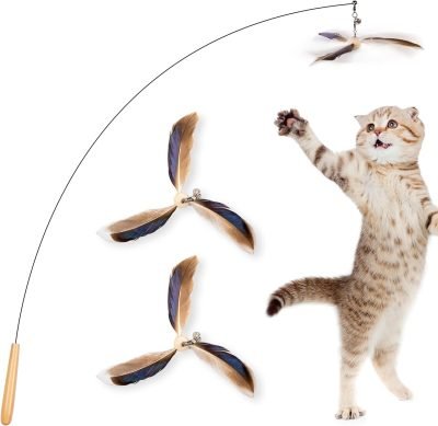 Cat Wand Toys, Interactive Cat Toys with 3 Feather Refills, 29'' Flexible Steel Wire, Sturdy Wood Handle & Bell for Kitty Kitten, Cat Toys for Indoor Cats Cat Teaser Cat String Toy