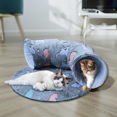 Cat Tunnel Bed,Self-Luminous Collapsible Peekaboo Cat Cave,Cat Tunnel Bed with Soft Central Cat Mat,Cat Toys for Indoor Cats,Ideal Indoor Cat Tunnels for Fun Play