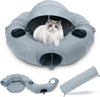 71UPJAUFwPL._AC_SL1500 Cat Tunnel Bed, Indoor Cat Tunnels with Hanging Balls, Peepholes, and Washable Mat, Green