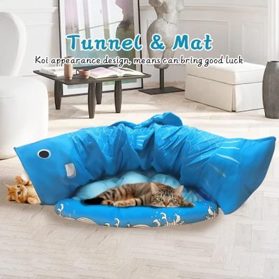 Cat Tunnel Bed for Indoor Cats 2-in-1 Cat Play Tunnel Bed Collapsible Cat Carpet Tunnel Washable Cat Tubes and Tunnels with Hanging Balls for Kitty Bunny Rabbit Puppy Ferret (Blue)