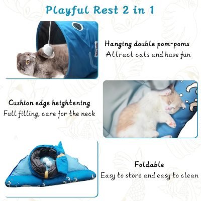 Cat Tunnel Bed for Indoor Cats 2-in-1 Cat Play Tunnel Bed Collapsible Cat Carpet Tunnel Washable Cat Tubes and Tunnels with Hanging Balls for Kitty Bunny Rabbit Puppy Ferret (Blue)