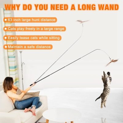 2024 latest Cat Toys, 2 in 1 Spring Cat Wand Toy with 2PCS Ultra-long Cat Teaser, 4PCS Spring Steel Wire & 5PCS Feather Refills for Kitty Kitten Indoor Cats Cat Accessories