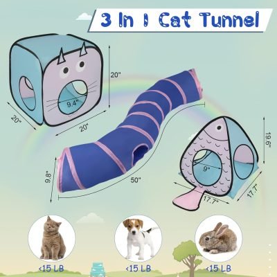Cat Toy Tunnel and Cubes Bundle - Interactive Crinkle Collapsible Cat Tube and Foldable Cubes Playground for Kitty, Rabbit, Puppy, Ferret Hiding Hunting and Resting