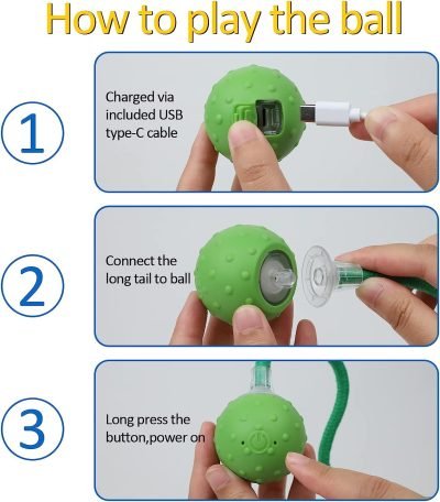 Interactive Cat Ball Toy,Motion Activated Automatic Moving Ball Toy with Long Tail Teaser/Simulation Bird Sound/USB Rechargeable Cat Toys Self Play
