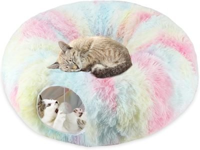 Plush Cat Tunnel Bed for Indoor Cats, Collapsible Cat Donut Tunnel with Central Mat, Fluffy Cat Cave Tube with Hanging Ball for Cat Kitten Rabbit Puppy Ferret