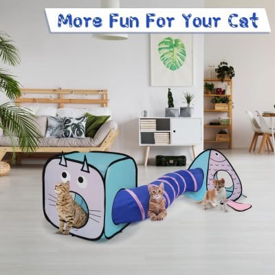 Cat Toy Tunnel and Cubes Bundle - Interactive Crinkle Collapsible Cat Tube and Foldable Cubes Playground for Kitty, Rabbit, Puppy, Ferret Hiding Hunting and Resting