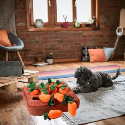 Dog Carrot Toy, Enrichment Dog Puzzle Toys, Hide and Seek Carrot Farm Dog Plush Chew Toys for Small Medium and Large Dogs Cats with 12 Carrots