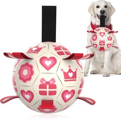 Dog Toys Soccer Ball with Straps, Interactive Toys for Tug of War, Puppy Birthday Toy, Dog Water Toy, Dog Balls for Small & Medium Dog (6 Inch)