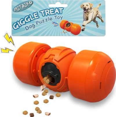 Dog Food Puzzle Toys, Treat Dispenser with Squeaky Giggle Sound, Interactive Chase Slow Feeder for Boredom and Stimulating, IQ Training for Small Medium Large Dogs, Orange