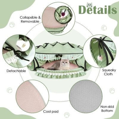 Cat Tunnel Toy Bed 2-in-1, Collapsible Cat Tunnels Tubes Toys with Washable Removable Mat Beds for Indoor Pet Cats Kittens Matcha