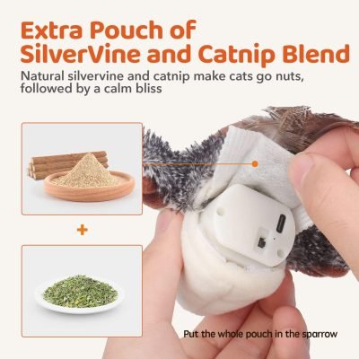 Cat Toys Rechargeable Flapping Bird Sparrow, Lifelike Chirp Tweet, Touch Activated Kitten Toy Interactive Cat Exercise Toys for All Breeds Cat Kicker Catnip Toys 4.0 Inches
